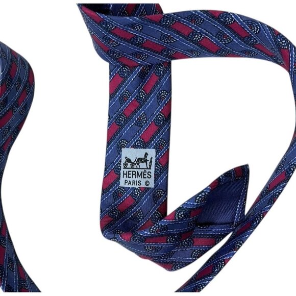 HERMÈS Men's Silk Necktie LUXURY 7678 TA Blue Burgundy Striped Rope W:3.6" EUC - Picture 4 of 5
